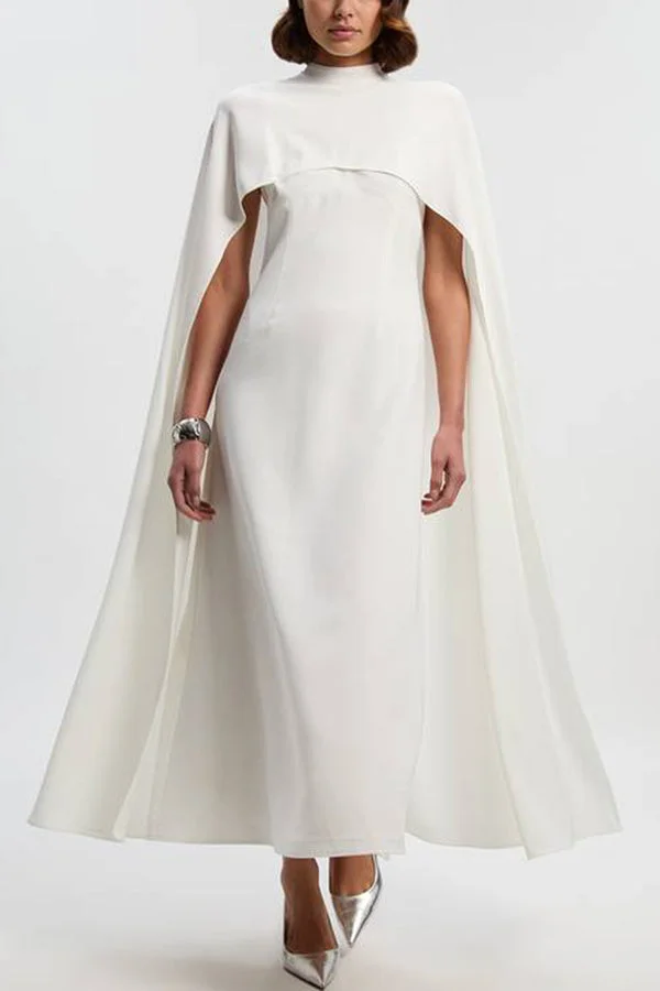 Women’s Tailored Cape Maxi Dress with Elegant High Neck and Column Silhouette - Image 5