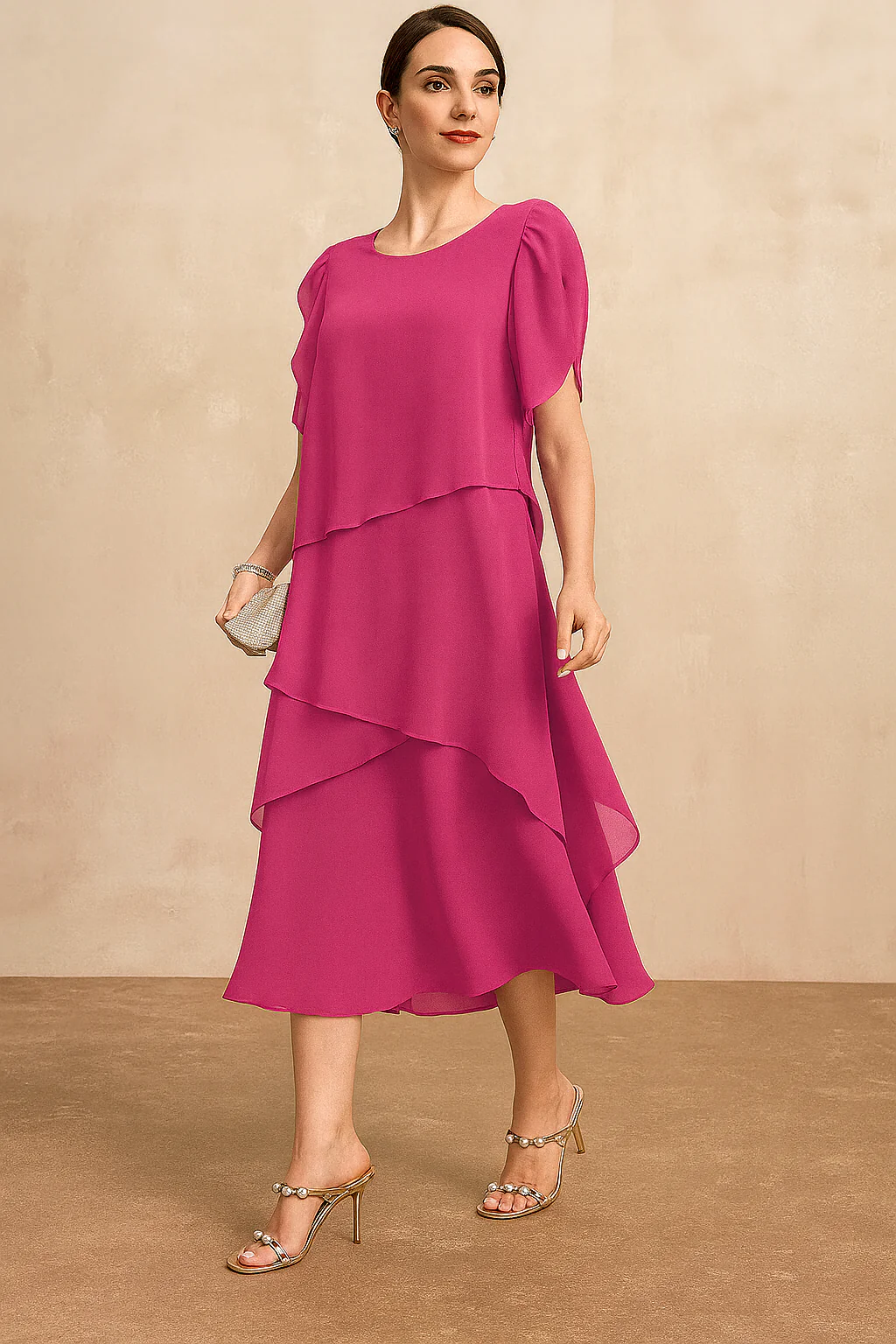 Women's Tiered Chiffon Midi Dress with Flutter Sleeves and Flowing Silhouette - Image 2