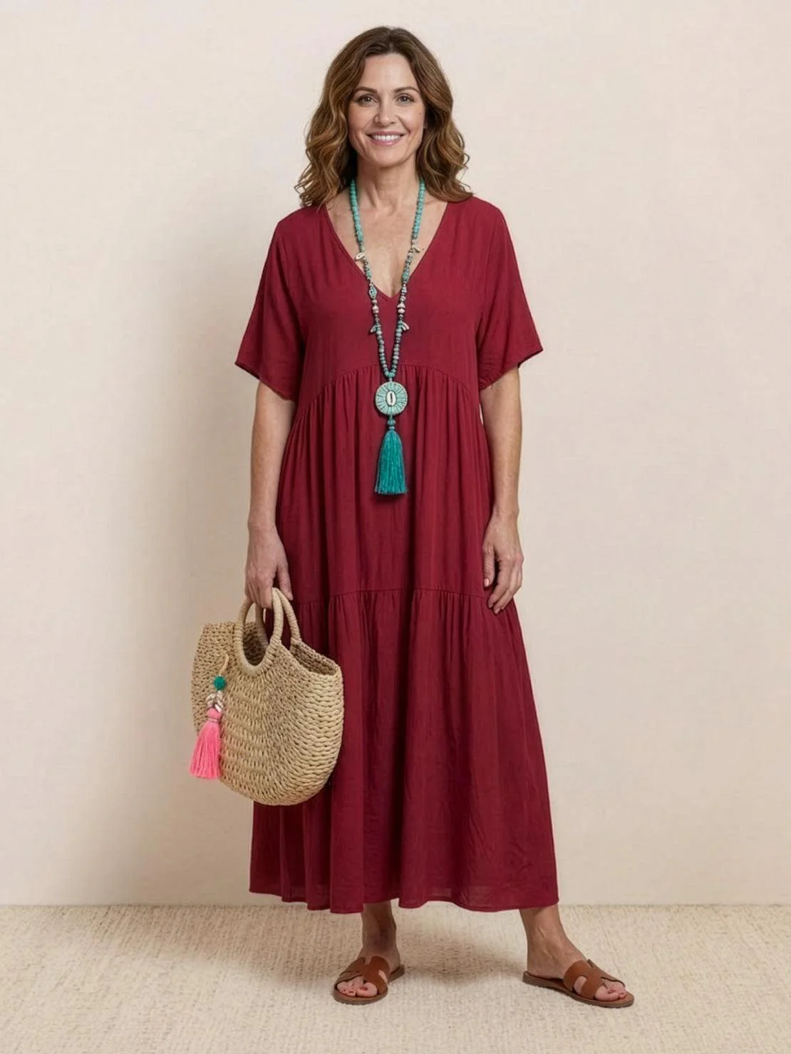 Women’s Tiered Maxi Swing Dress with V-Neck and Short Sleeves - Image 14