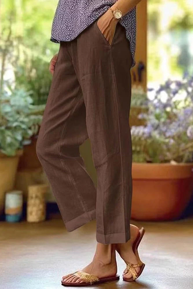 Women’s Trousers with Elastic Waist and Cropped Tapered Linen Fit - Image 6