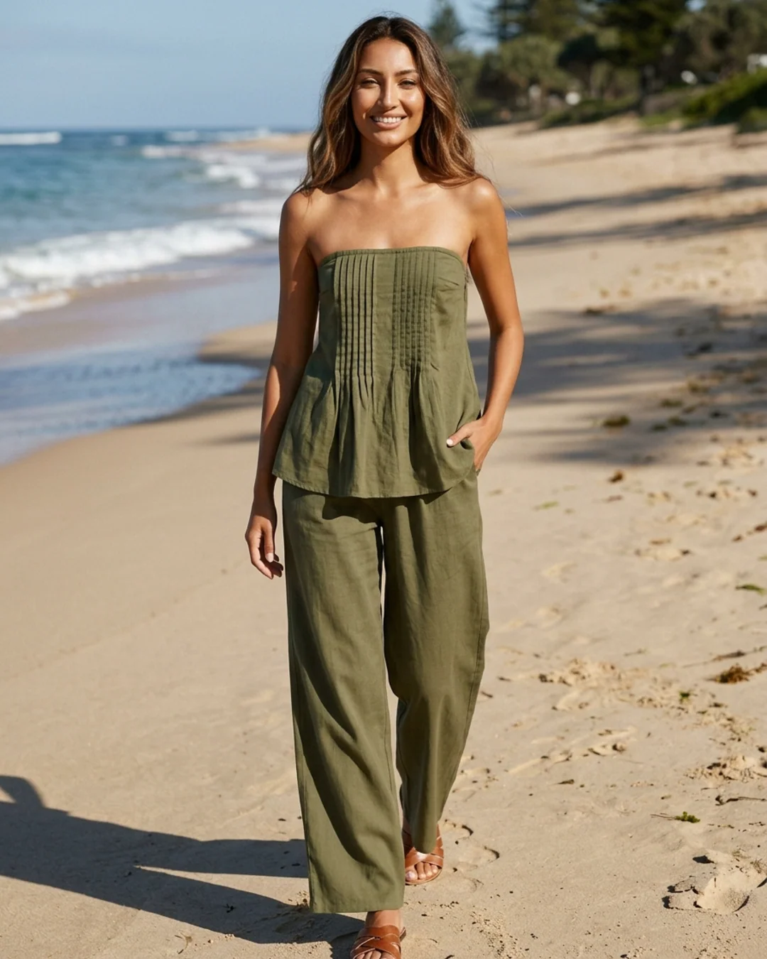 Women’s Two Piece Set Strapless Pleated Tube Top and Wide Leg Pants - Image 4