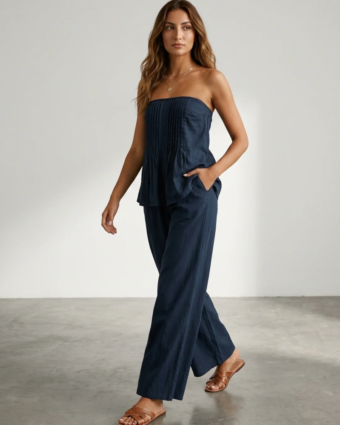 Women’s Two Piece Set Strapless Pleated Tube Top and Wide Leg Pants - Image 5