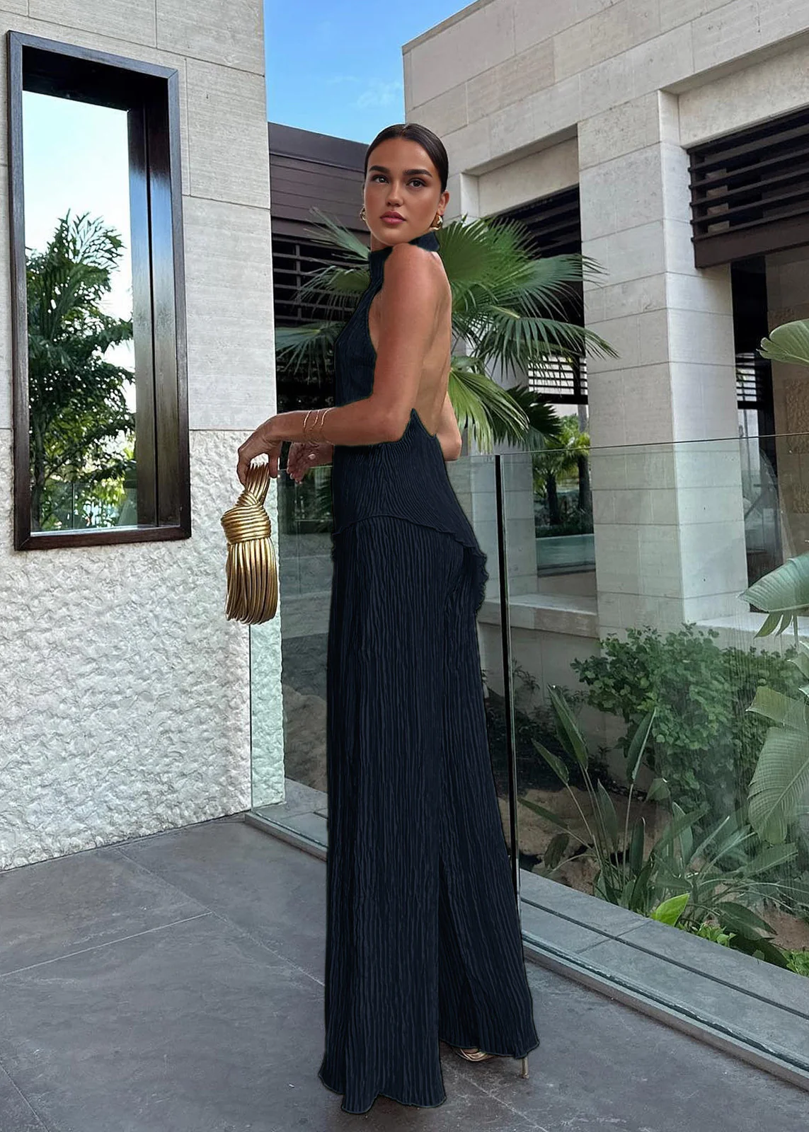 Women’s Two Piece Set with Halter Neck Pleated Top and Wide Leg Pants - Image 6