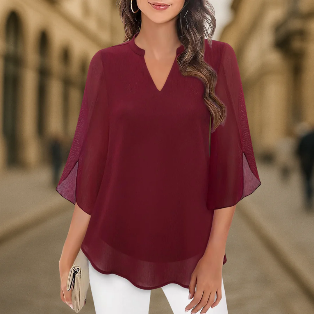 Women's V-Neck Chiffon Blouse with Long Lantern Sleeves and Relaxed Fit - Image 5