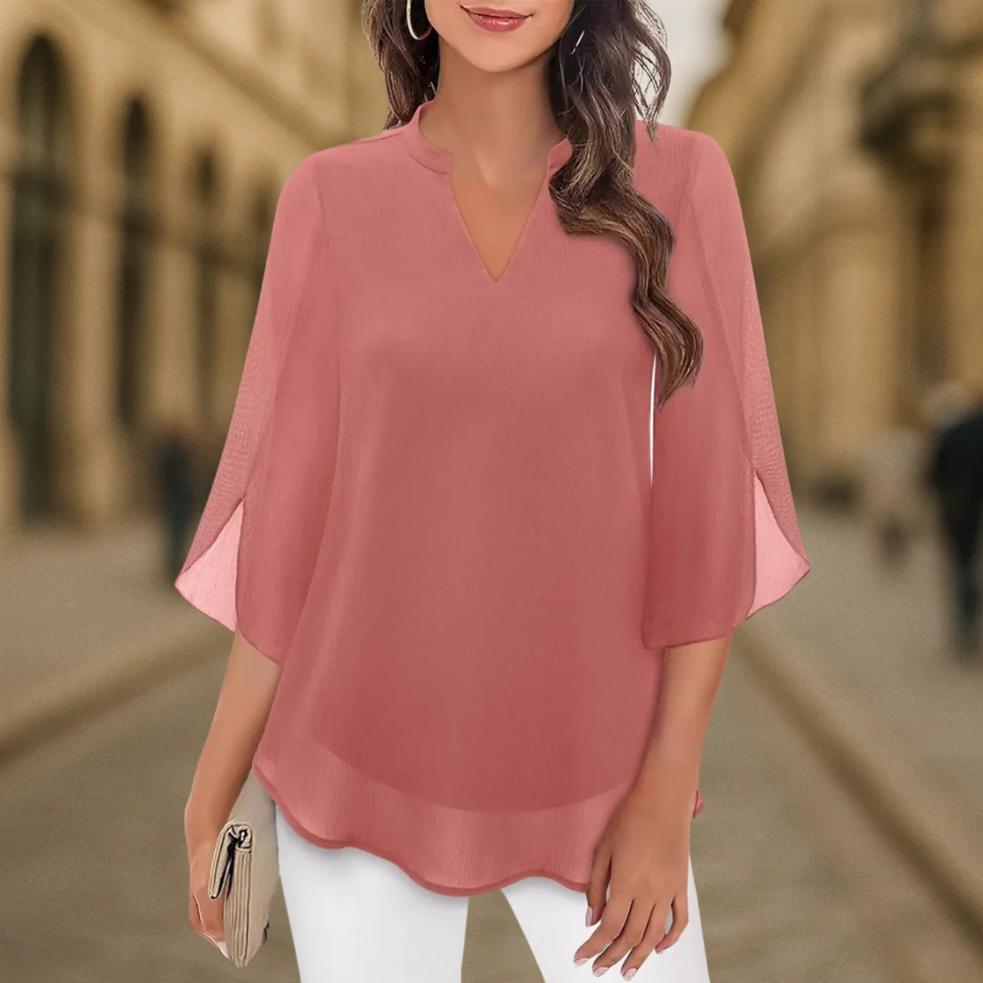 Women's V-Neck Chiffon Blouse with Long Lantern Sleeves and Relaxed Fit - Image 6