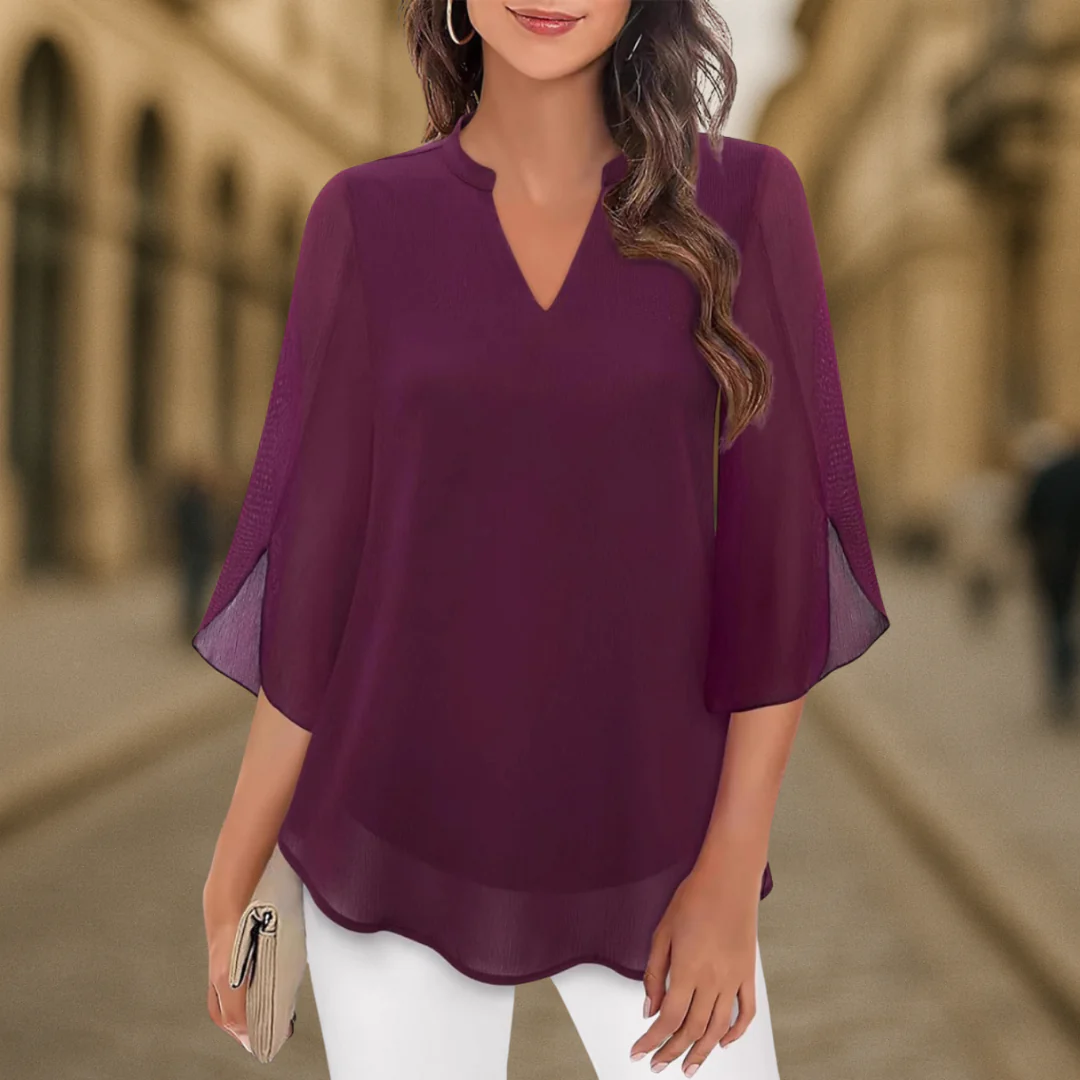 Women's V-Neck Chiffon Blouse with Long Lantern Sleeves and Relaxed Fit - Image 7