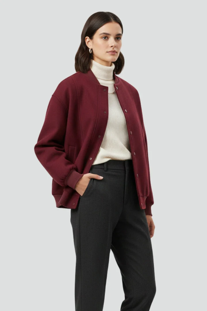 Women’s Varsity Jacket with Snap Closure and Ribbed Trim - Image 3