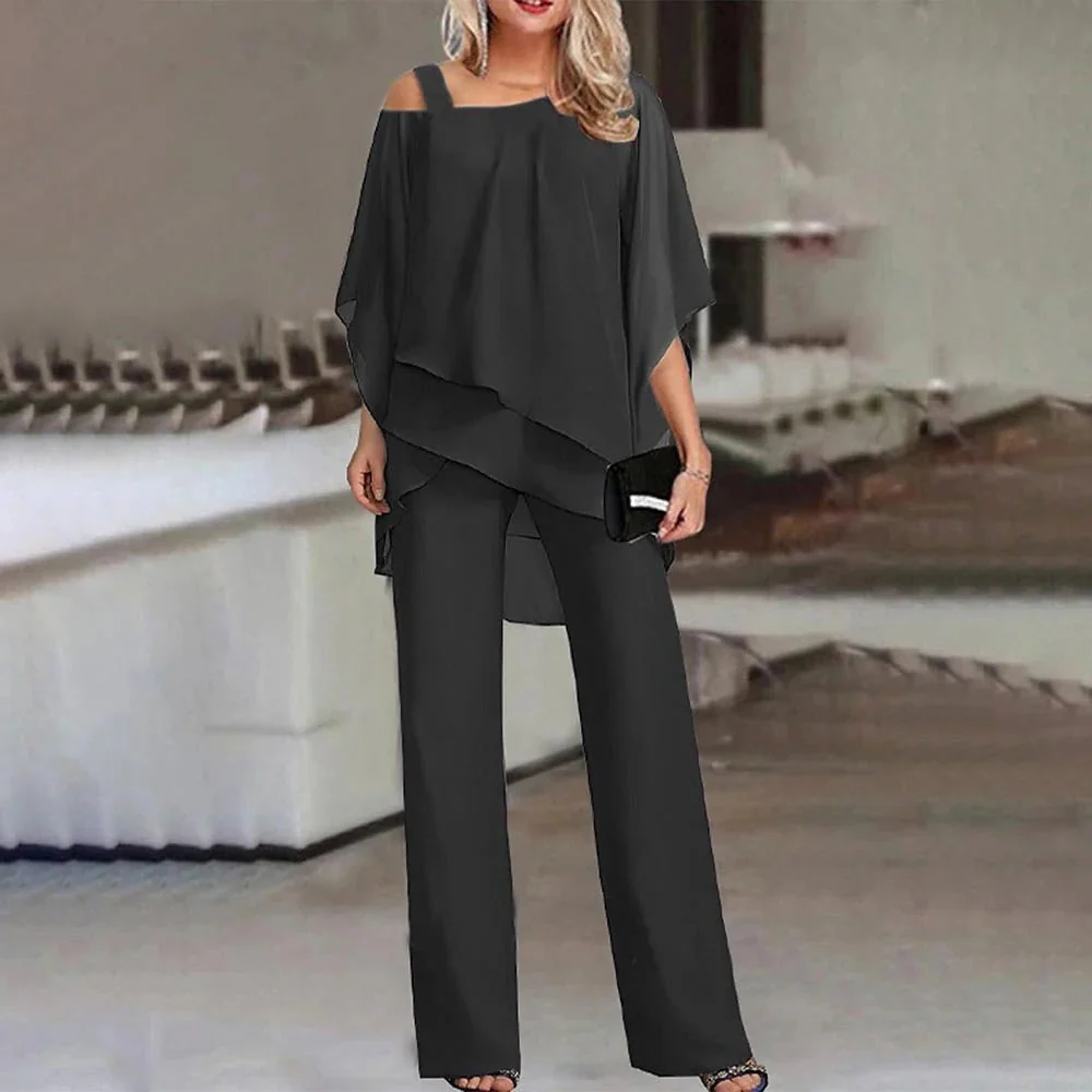 Women’s Wide Leg Jumpsuit with Cold Shoulder and Chiffon Overlay - Image 2