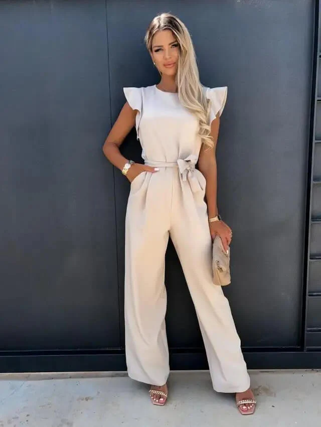 Women’s Wide Leg Jumpsuit with Ruffle Sleeves and Belted Waist - Image 2