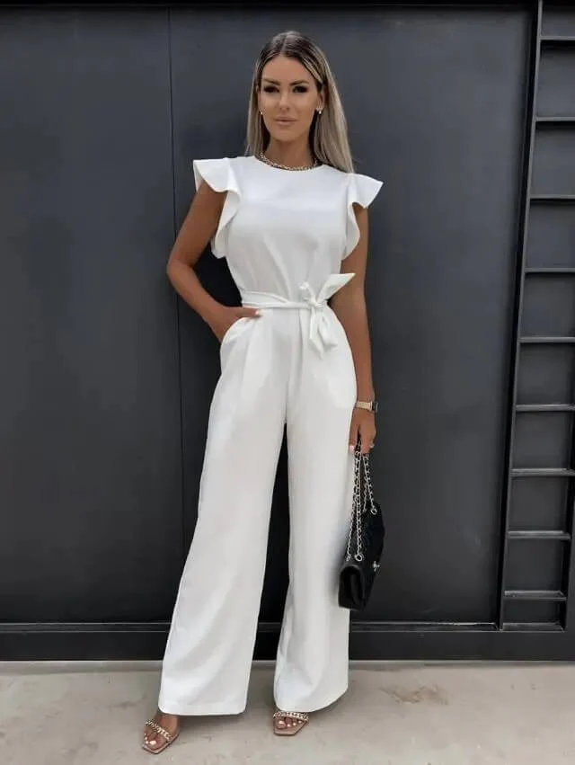 Women’s Wide Leg Jumpsuit with Ruffle Sleeves and Belted Waist - Image 3