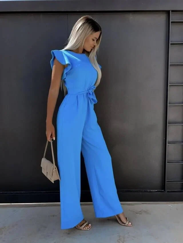 Women’s Wide Leg Jumpsuit with Ruffle Sleeves and Belted Waist - Image 4