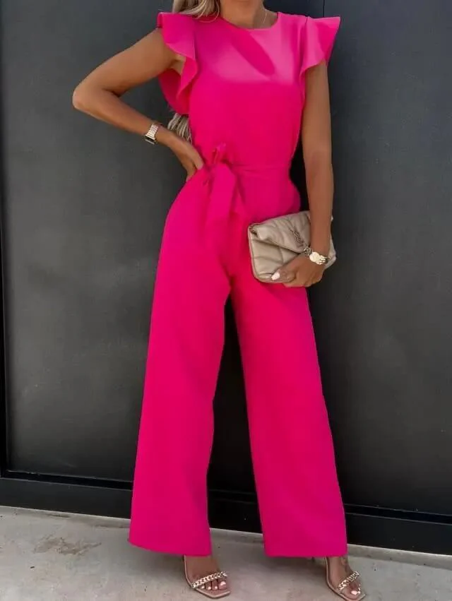 Women’s Wide Leg Jumpsuit with Ruffle Sleeves and Belted Waist - Image 5