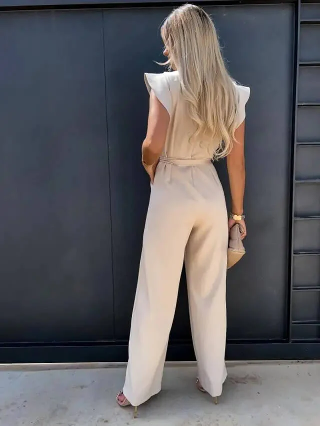 Women’s Wide Leg Jumpsuit with Ruffle Sleeves and Belted Waist - Image 6