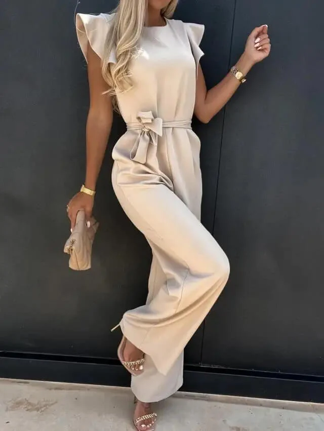 Women’s Wide Leg Jumpsuit with Ruffle Sleeves and Belted Waist - Image 7