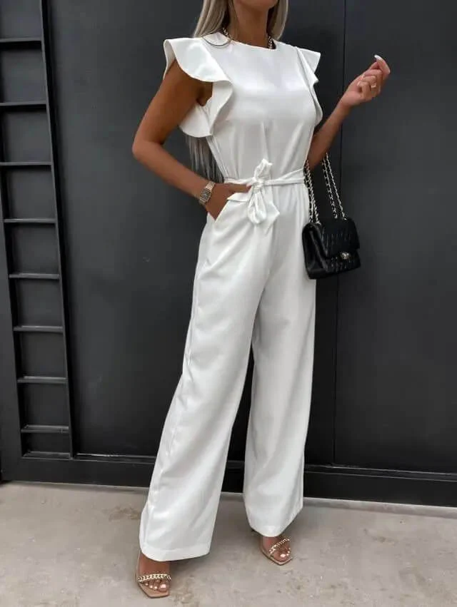 Women’s Wide Leg Jumpsuit with Ruffle Sleeves and Belted Waist - Image 8