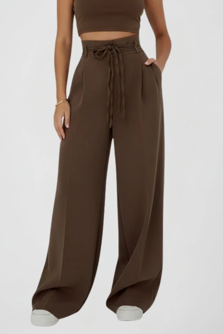 Women’s Wide Leg Trousers with Tie Waist and High Rise - Image 2