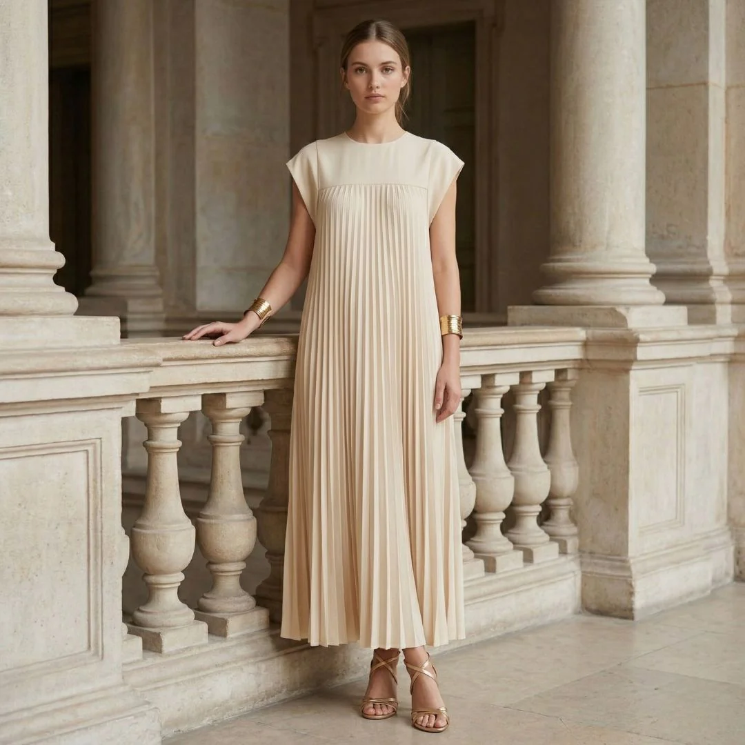 Women's Pleated Maxi Dress with Extended Cap Sleeves and Relaxed Empire Waist - Image 2