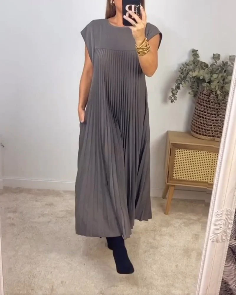 Women's Pleated Maxi Dress with Extended Cap Sleeves and Relaxed Empire Waist - Image 7